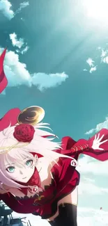 Anime character in red under a bright, sky blue backdrop with clouds.