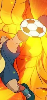 Anime soccer character in dynamic, fiery action pose.