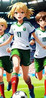 Anime-style soccer players in a stadium, perfect for energetic sports wallpaper.