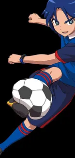 Anime character kicking soccer ball in dynamic pose.