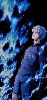 Anime soccer player with energetic blue flames.