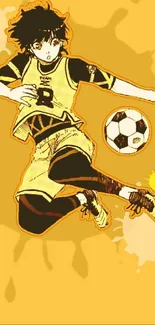 Anime soccer player jumping with a ball on a yellow background.