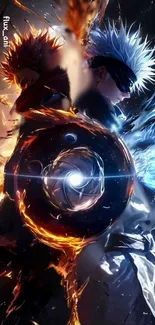 Epic anime warriors in fire and ice clash.