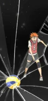 Anime character in a dynamic, broken glass sports scene on a black background.