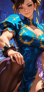 Anime character in blue dress with vibrant city background.