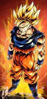 Powerful Super Saiyan against a fiery orange backdrop in anime art style.