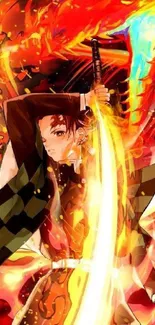 Anime character wielding sword in fiery scene.