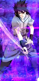 Anime character with sword and purple aura in dynamic pose.