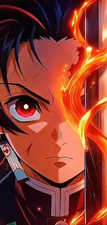 Anime character with fiery sword and dynamic design.