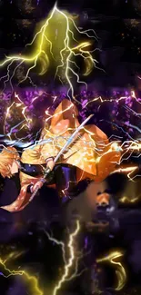 Anime character with sword amid electrifying lightning on dark background.