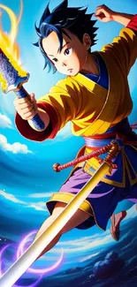 Anime character with sword in dynamic pose, vivid blue and yellow tones.