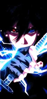 Anime character with sword and blue lightning effect on a dark background.