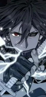 Anime character with sword and lightning effects in dark theme.