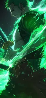 Anime warrior with green flames and sword in action pose.