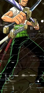 Anime swordfighter with green attire in action pose.