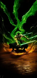 Powerful anime character with green and orange energy.