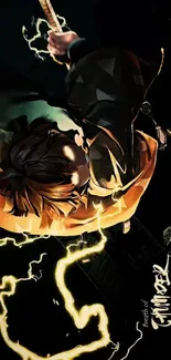 Anime thunder warrior with lightning energy against a black background.