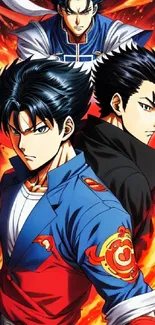 Dynamic anime trio on vibrant, fiery wallpaper.