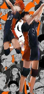 Anime volleyball players in action with bright orange accents.