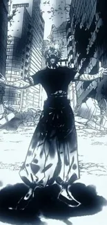 Anime character stands amid urban destruction in high contrast art style.