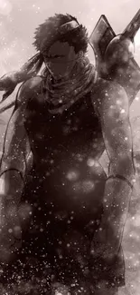 Grayscale anime warrior amidst snowflakes.