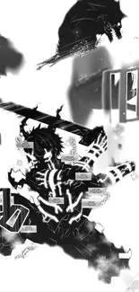 Black and white anime warrior with dynamic action elements.