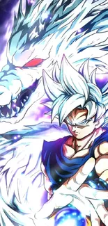 Anime warrior with dragon and blue energy in dynamic mobile wallpaper.