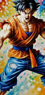 Anime warrior striking a dynamic pose against a colorful abstract background.