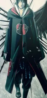 Anime warrior wearing a dark cloak with striking background design.