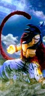 Anime warrior in action with vivid colors and dynamic background.