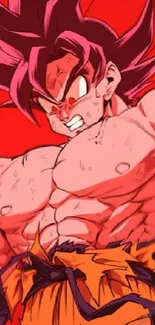 Anime warrior in powerful red hue, intense expression.