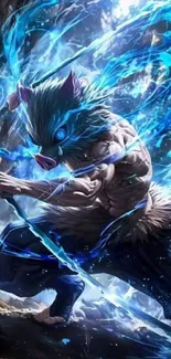 Anime warrior with blue energy aura