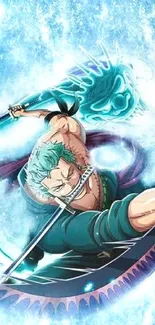 Dynamic anime warrior with sword in vibrant blue background.