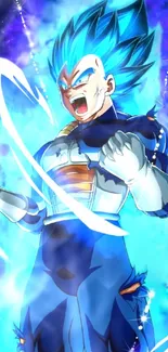 Anime warrior with vibrant blue energy aura.