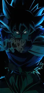 Anime warrior with blue aura, intense focus, and dynamic stance on a dark background.