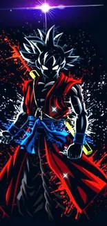 Dynamic anime warrior with red and blue highlights set on a dark background.