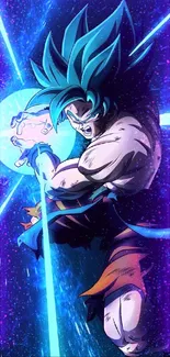 Dynamic anime warrior charging energy attack with vibrant blue aura.