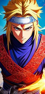 Anime warrior with vibrant colors, red outfit, and blue background.