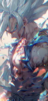 Anime character in action with intense blue aura and torn clothing.