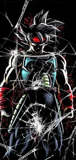 Anime warrior with shattered glass effect in vibrant colors on dark background.