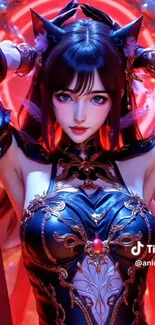Anime warrior in vibrant armor poses dynamically.