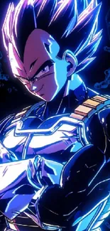 Anime warrior character with vivid blue highlights on mobile wallpaper.