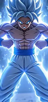 Anime warrior in dynamic pose with blue aura energy.