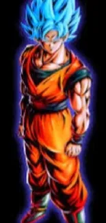 Anime warrior in vibrant blue and orange outfit on a black background.