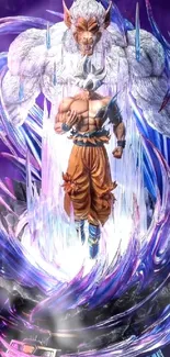 Anime warrior undergoing dynamic transformation with vibrant purple background.