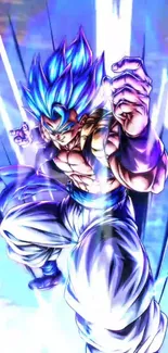 Dynamic anime warrior with vibrant blue aura in action pose wallpaper.