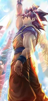 Anime warrior raises arm with vibrant light.