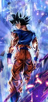 Anime warrior in dynamic action pose with vibrant blue backdrop.