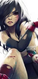 Anime warrior with dark hair and red gloves posing fiercely.