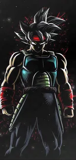 Anime warrior with dark armor and red accents on black background.